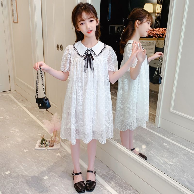 女童连衣裙夏装新款洋气儿童装短袖公主裙子中大童白色蕾丝裙