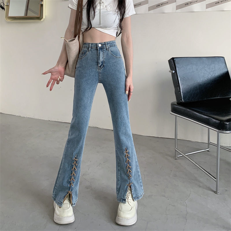 The bandage shows thin bell bottoms, slightly flared women's high waist shows thin and versatile, and the new style of summer sagging slit hem jeans is fashionable