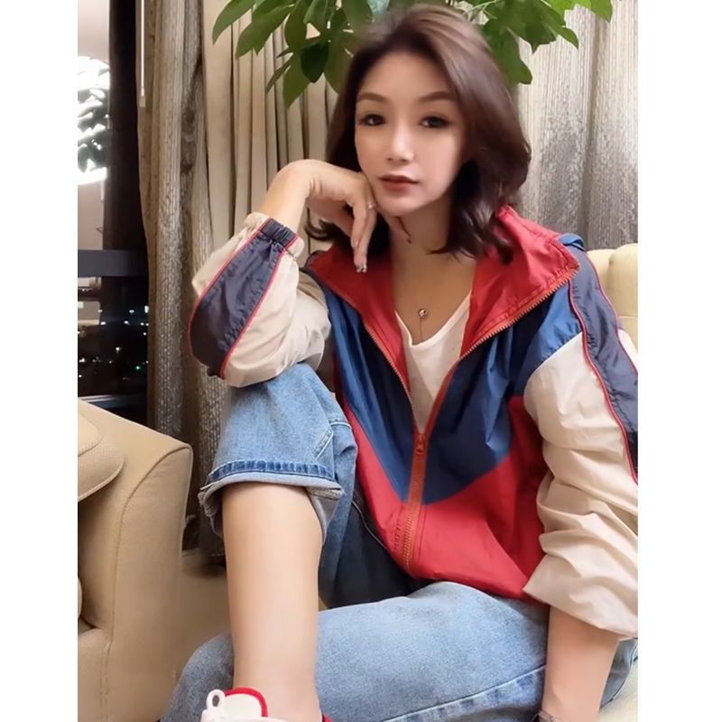 European goods contrasting color stitching hooded sun protection clothing jacket women's stand-up collar zipper cardigan jacket summer thin sun protection clothing