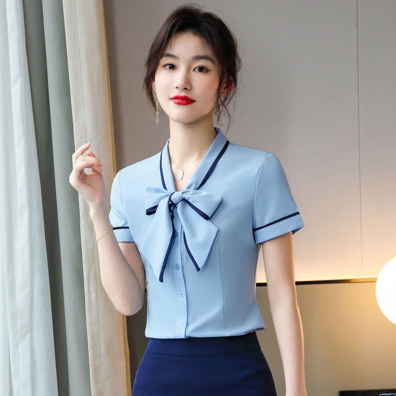 短袖襯衫女職業正裝上衣氣質洋氣綁帶襯衣沐足珠寶店美容院工作服