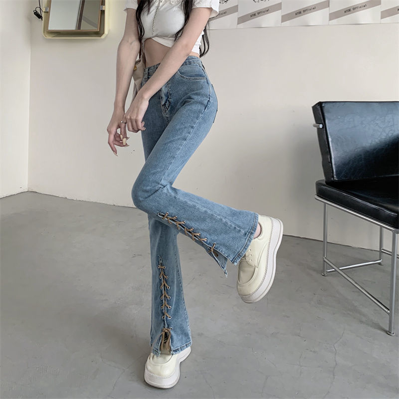 The bandage shows thin bell bottoms, slightly flared women's high waist shows thin and versatile, and the new style of summer sagging slit hem jeans is fashionable