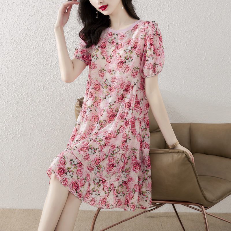 洋氣小個子真絲印花連衣裙2023夏季新款高碎花寬鬆顯瘦桑蠶絲裙子