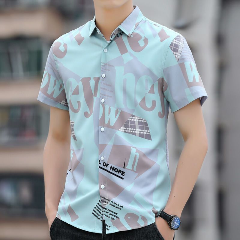 European station shirt men's short-sleeved summer Korean style trendy personality printed shirt casual handsome top ice silk half-sleeved