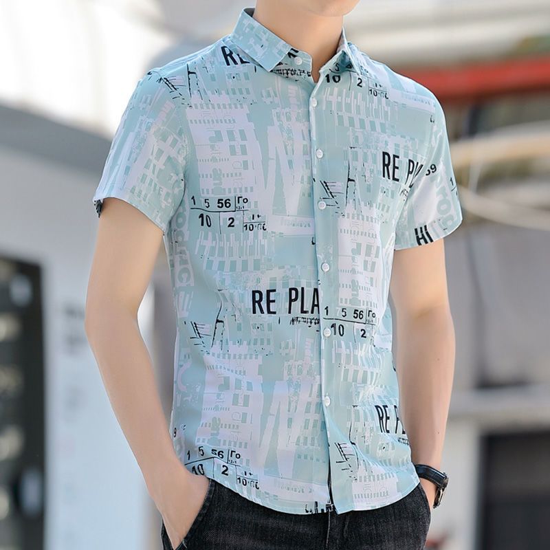 WEISINU/printed ice silk short-sleeved shirt men's handsome trendy half-sleeve inch clothes 2022 summer ice clothes