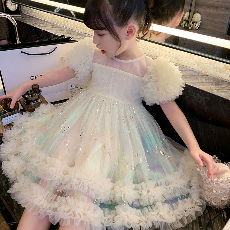 女童連衣裙夏裝2023新款兒童人魚姬蓬蓬紗公主裙洋氣女孩短袖裙子