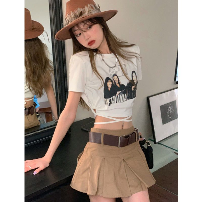 Pink t-shirt women's summer wear  new short-sleeved design niche slim fit strap sweet and spicy short top ins trend