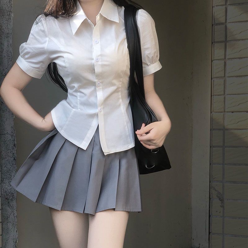 Summer Design Sense Niche JK Uniform Chic Sweet Spicy Top Short Sleeve Japanese Puff Sleeve Pure Desire Shirt Women