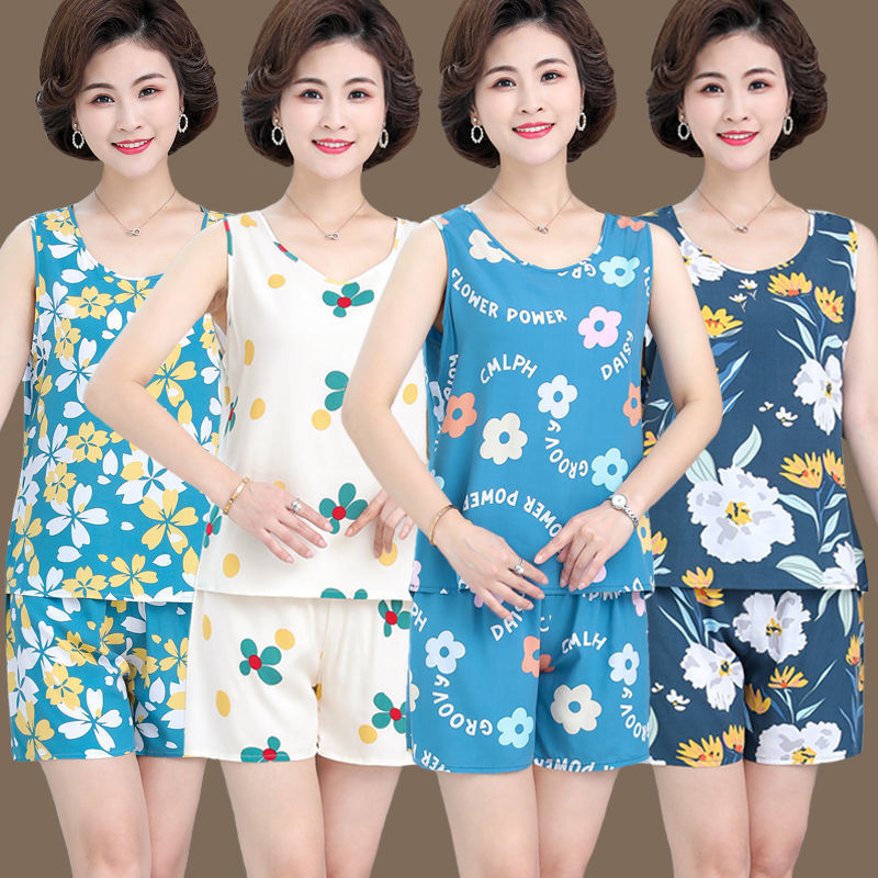 Middle-aged and elderly pajamas women's summer cotton silk vest shorts two-piece set mother loose large size sleeveless home service suit