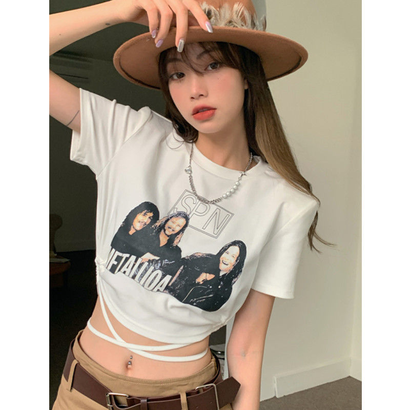 Pink t-shirt women's summer wear  new short-sleeved design niche slim fit strap sweet and spicy short top ins trend