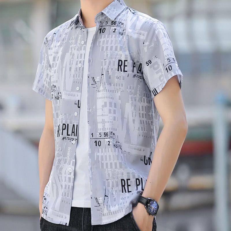 WEISINU/printed ice silk short-sleeved shirt men's handsome trendy half-sleeve inch clothes 2022 summer ice clothes