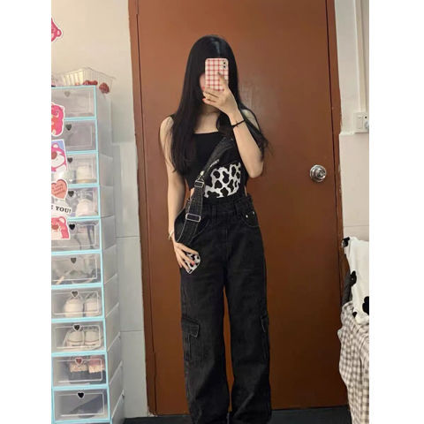 Black cow denim overalls women's  summer new retro small loose straight wide-leg pants tide