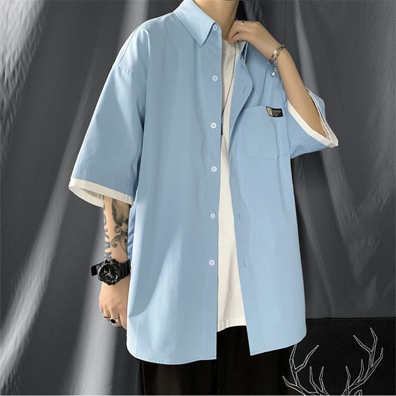 Short sleeve shirt men's loose fake two-piece coat ins Hong Kong style summer new shirt coat Korean fashion ruffian handsome