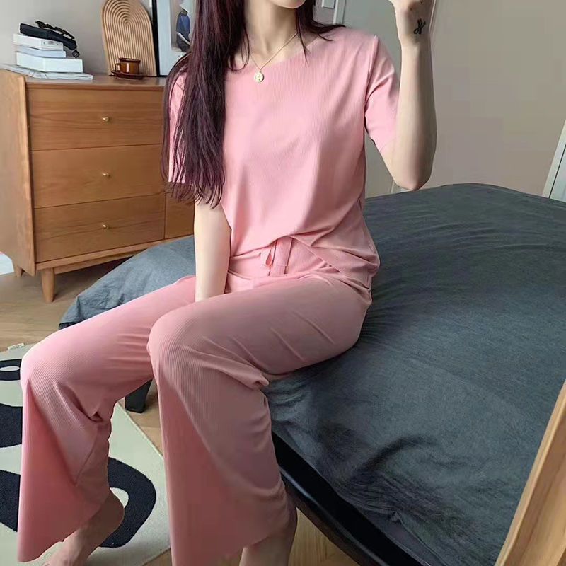 165761-两件套装冰丝睡衣女薄款圆领学生防蚊夏季休闲短袖冰丝家居睡衣女-详情图