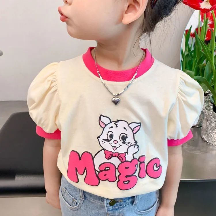 2022 new girls' short-sleeved t-shirts, small and medium-sized girls' baby summer dresses, printed contrasting colors, children's puff sleeve tops, trendy