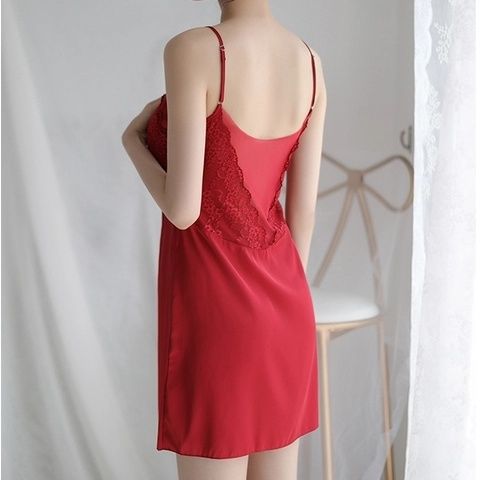 Sexy suspender nightdress female slim pajamas summer ice silk thin section lace backless hollow skirt home service temptation
