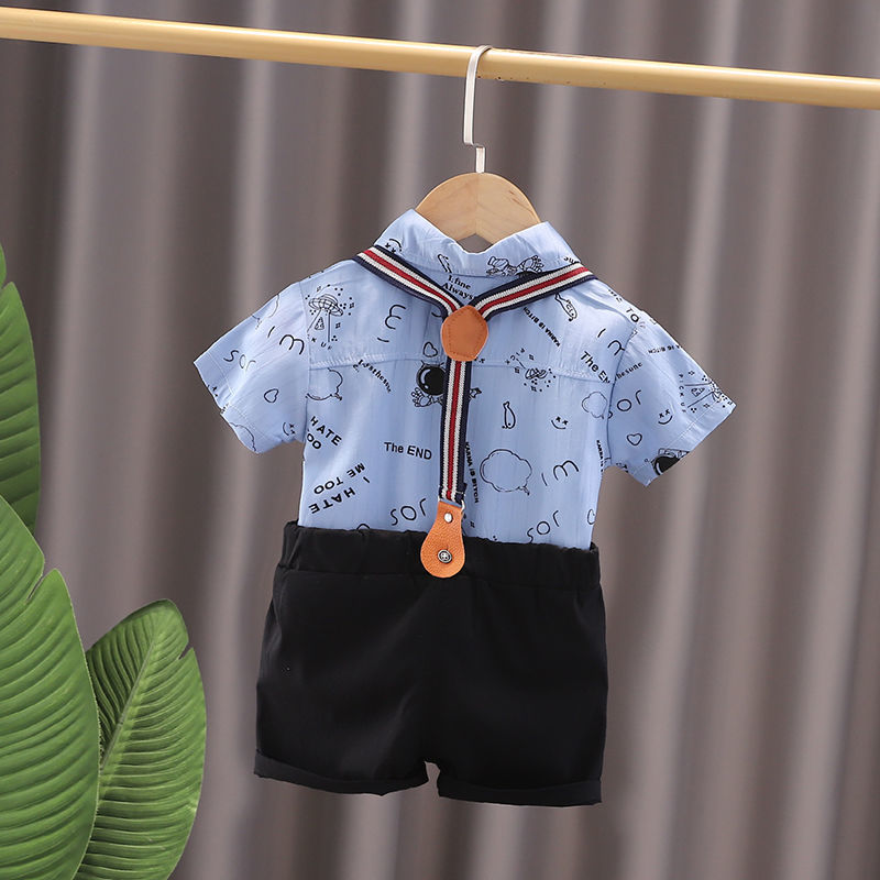 童装男童夏季短袖套装2022新款宝宝衬衣背带裤两件套婴儿夏季潮衣