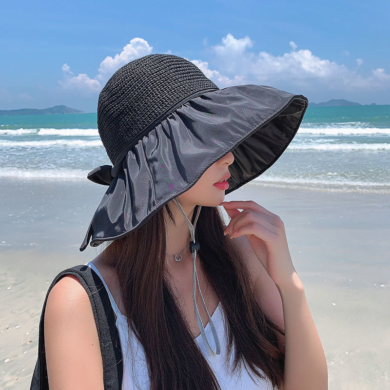 黑胶沙滩帽遮阳帽女夏季镂空草帽紫外线大檐遮脸防晒太阳渔夫帽子