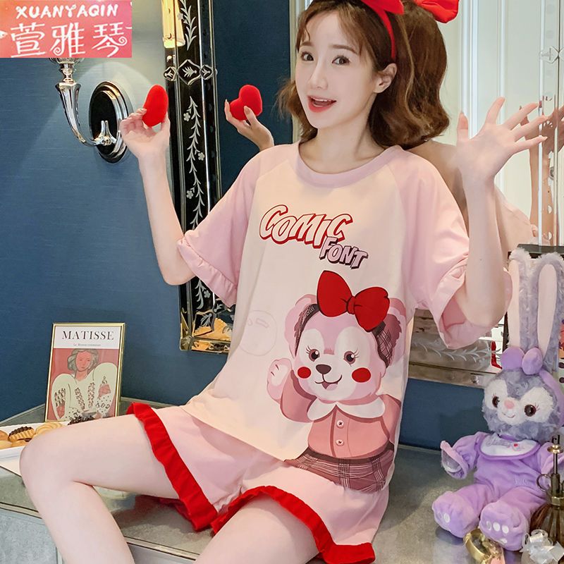 Pajamas women's summer short-sleeved shorts 100% simple cartoon loose student outerwear Japanese large-size home service suit