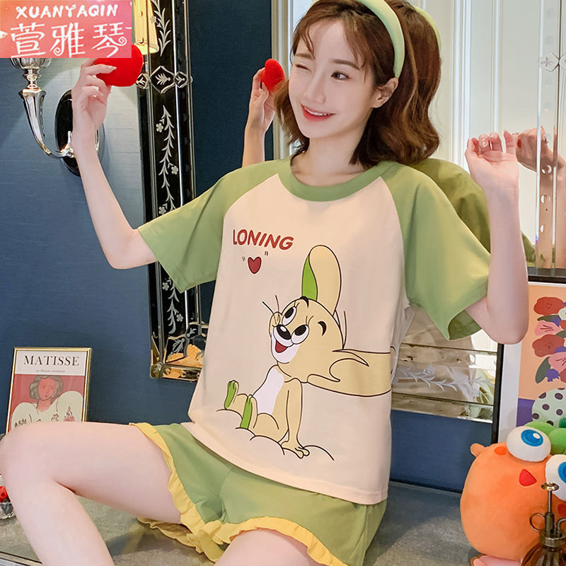 Pajamas women's summer short-sleeved shorts 100% simple cartoon loose student outerwear Japanese large-size home service suit
