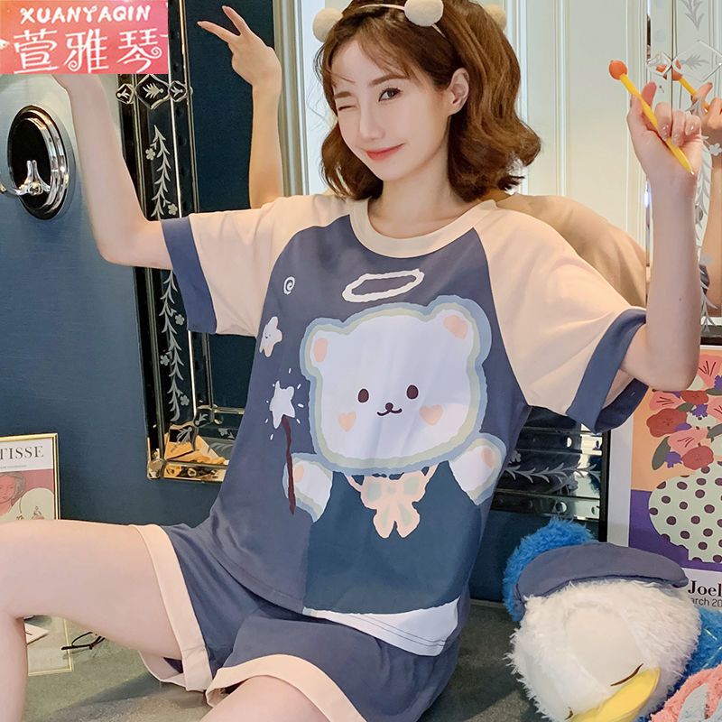 Pajamas women's summer short-sleeved shorts 100% simple cartoon loose student outerwear Japanese large-size home service suit