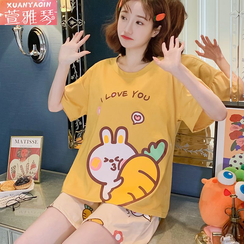 Pajamas women's summer short-sleeved shorts plus size home service Korean version cute and sweet ladies can wear two-piece suits