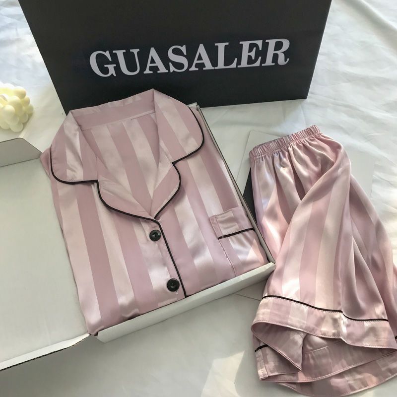 High-grade ice silk pajamas women's summer short-sleeved shorts thin section imitation silk can be worn outside two-piece home service ins style