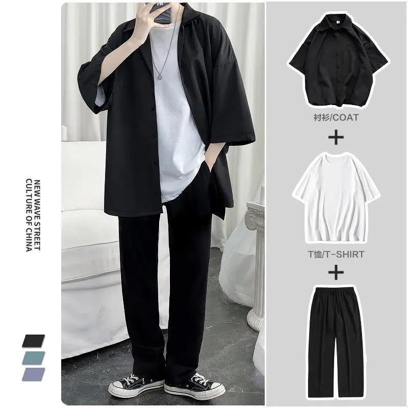 [Three-piece set] High-end black shirt men's long-sleeved loose Korean style trendy handsome casual shirt jacket