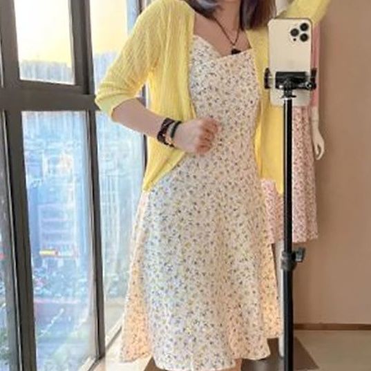 Floral suspender skirt spring / summer  new women's fashion knitted cardigan with chiffon dress two piece suit