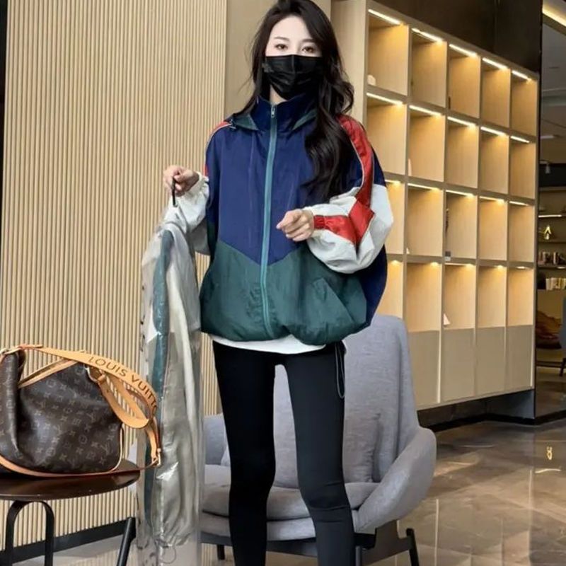 European goods contrasting color stitching hooded sun protection clothing jacket women's stand-up collar zipper cardigan jacket summer thin sun protection clothing