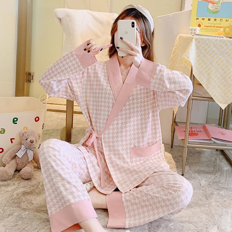 Confinement clothing spring and autumn summer models March 4 cotton tie kimono pregnant women pajamas summer home service large size suit