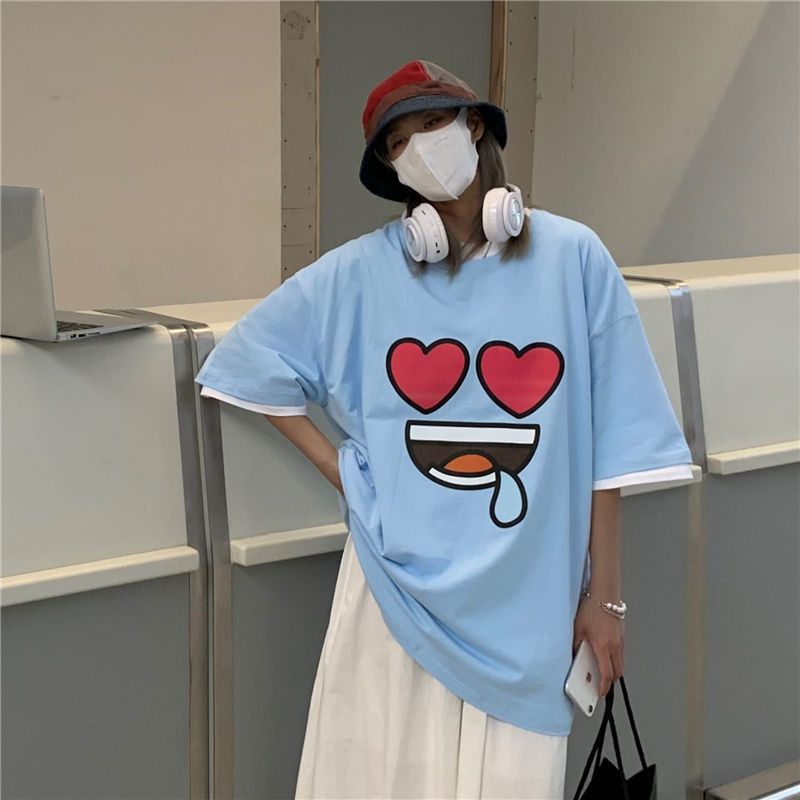 Creative fun cartoon expression bag short-sleeved t-shirt male and female couple half-sleeved loose summer ins top 100% cotton