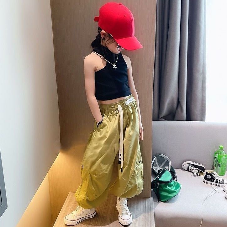 女童夏款套裝2022新款夏裝時髦洋氣直筒工裝褲兒童休閒束腳褲薄