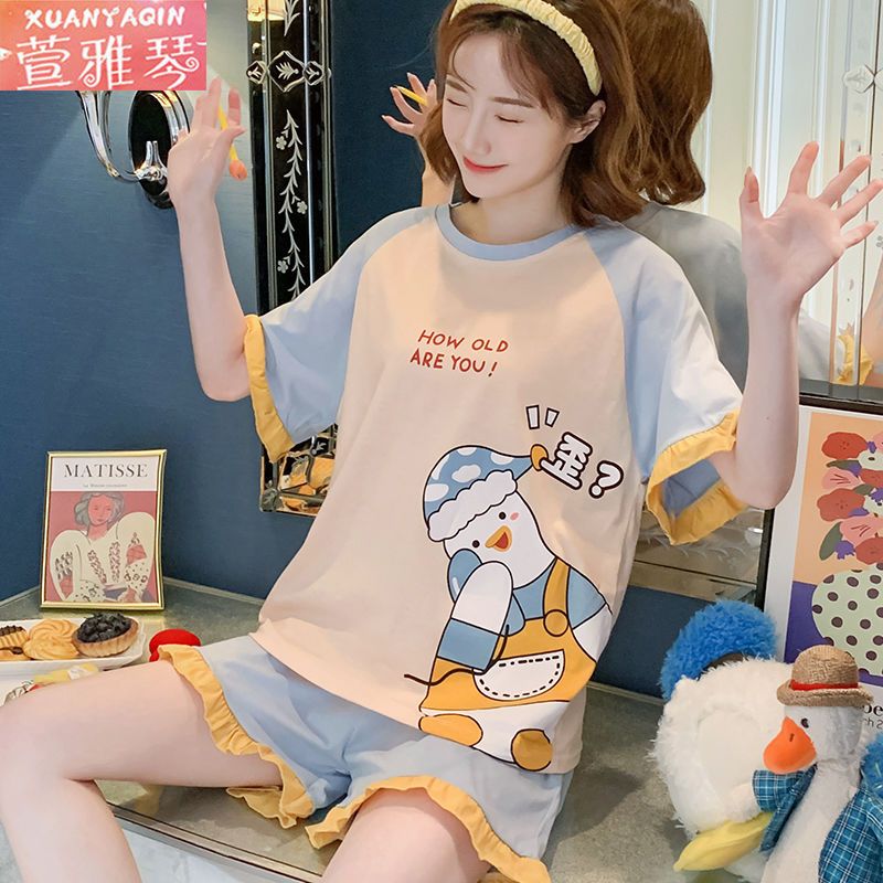 Pajamas women's summer short-sleeved shorts plus size home service Korean version cute and sweet ladies can wear two-piece suits