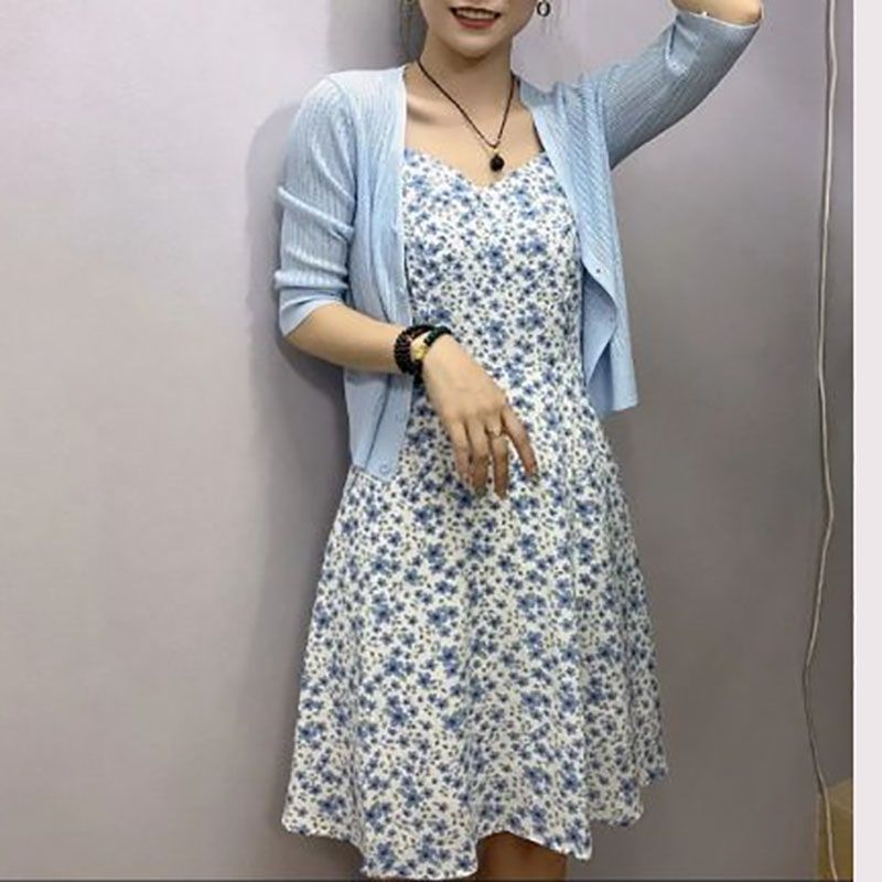 Floral suspender skirt spring / summer  new women's fashion knitted cardigan with chiffon dress two piece suit