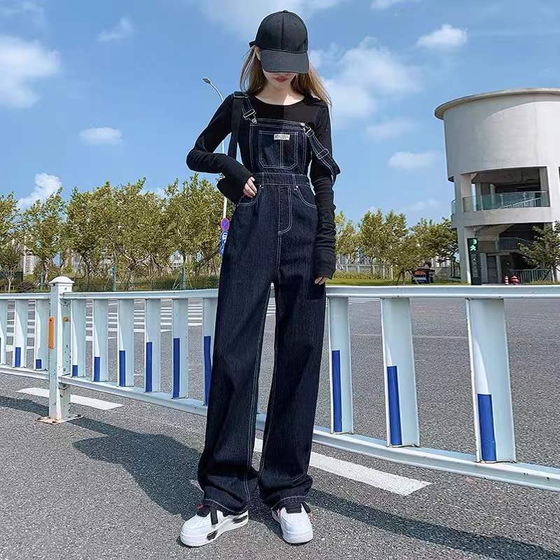 Black denim overalls women's 2023 spring and autumn new retro high waist loose all-match small Hong Kong style wide-leg pants
