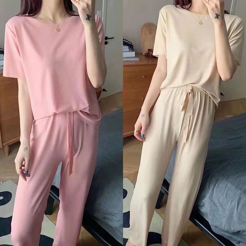 165761-两件套装冰丝睡衣女薄款圆领学生防蚊夏季休闲短袖冰丝家居睡衣女-详情图
