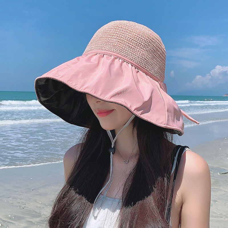 黑胶沙滩帽遮阳帽女夏季镂空草帽紫外线大檐遮脸防晒太阳渔夫帽子