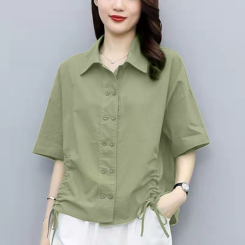 棉麻中袖襯衫女媽媽上衣抽繩寬鬆顯瘦襯衣夏季女裝襯衫夏天衣服