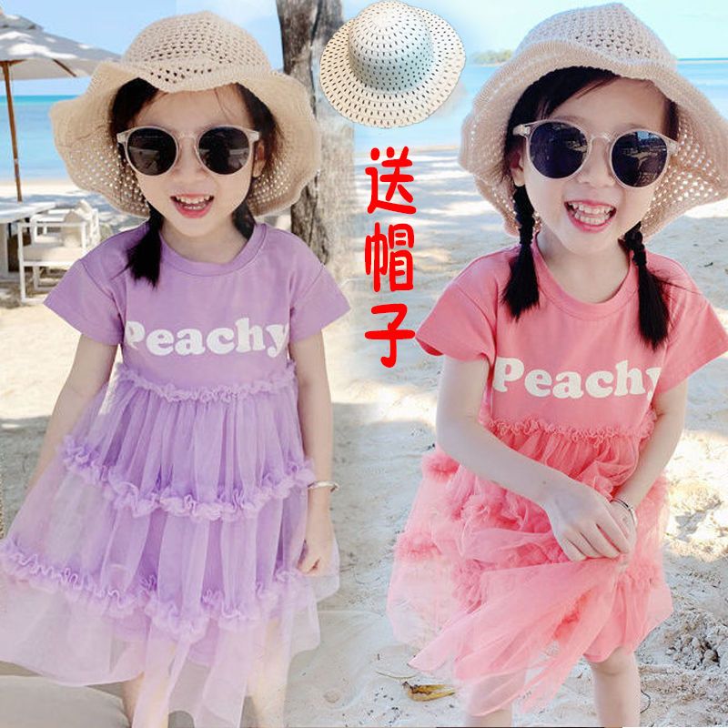 女童連衣裙2023新款夏裝短袖兒童蓬蓬裙純棉網紗洋氣公主裙潮