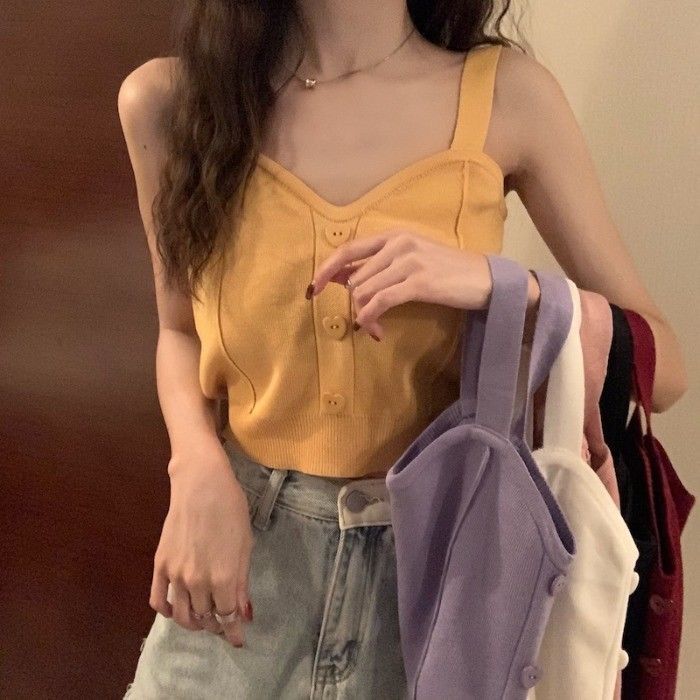 Sweet and Spicy White Short Knitted Bottoming Camisole Women's Spring and Summer Design Niche Outerwear Top