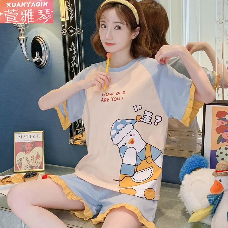Pajamas women's summer short-sleeved shorts 100% simple cartoon loose student outerwear Japanese large-size home service suit