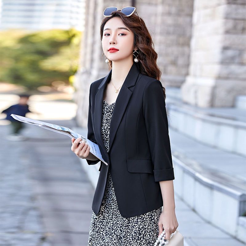 Three-quarter-sleeve beige suit jacket female slim short section  summer thin section small lady small suit jacket