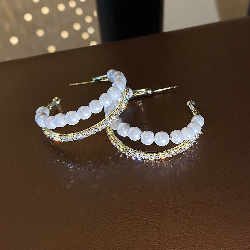 Charmante Perlen Und Glitzernde Diamant Doppel Hoop Ohrringe_voghion.com