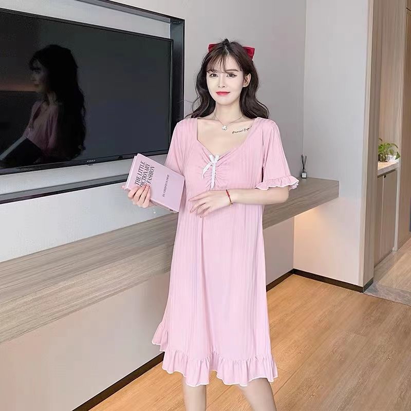 Short-sleeved nightdress women's summer thin section pure cotton 2023 new sexy ruffles with chest pad pajamas skirt pink