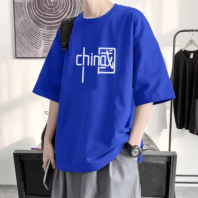 PANDIST純棉男士短袖t恤潮牌印花潮流五分半袖寬鬆衣服夏季上衣潮