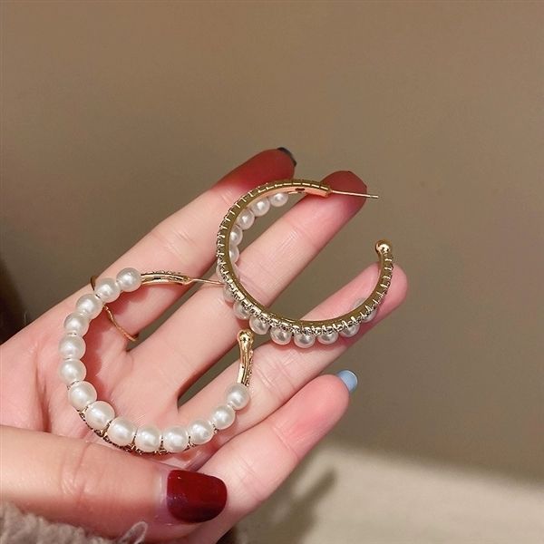 Charmante Perlen Und Glitzernde Diamant Doppel Hoop Ohrringe_voghion.com