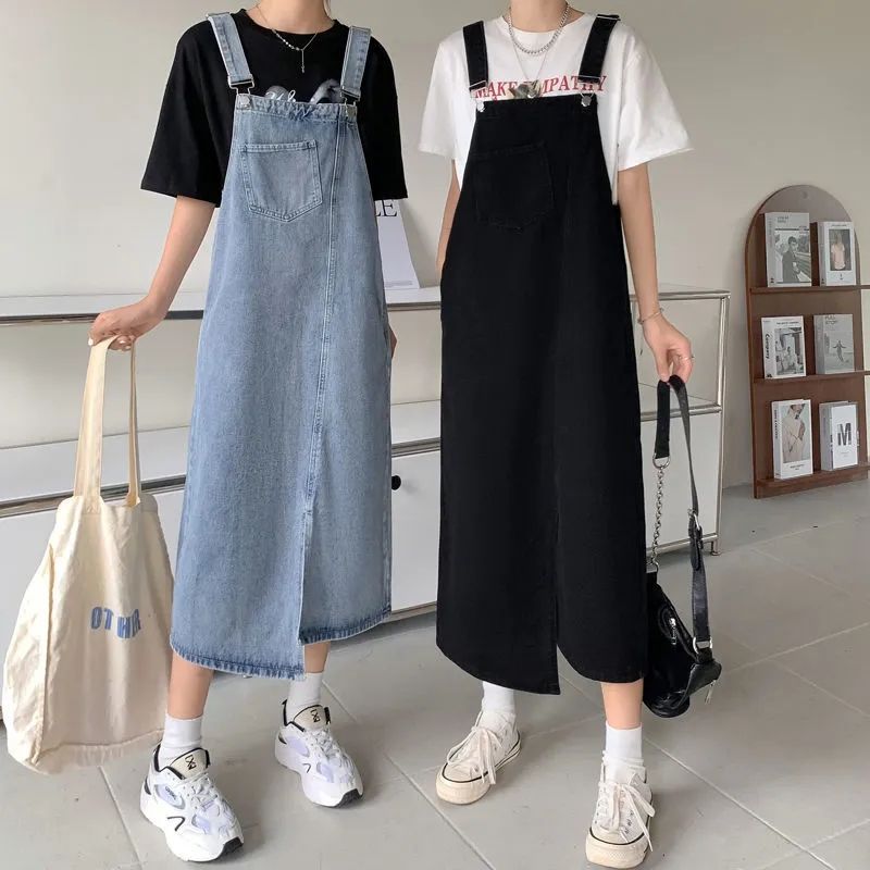 大碼牛仔背帶裙中長款胖mm鹽系少女寬鬆百搭不規則遮胯顯瘦連衣裙