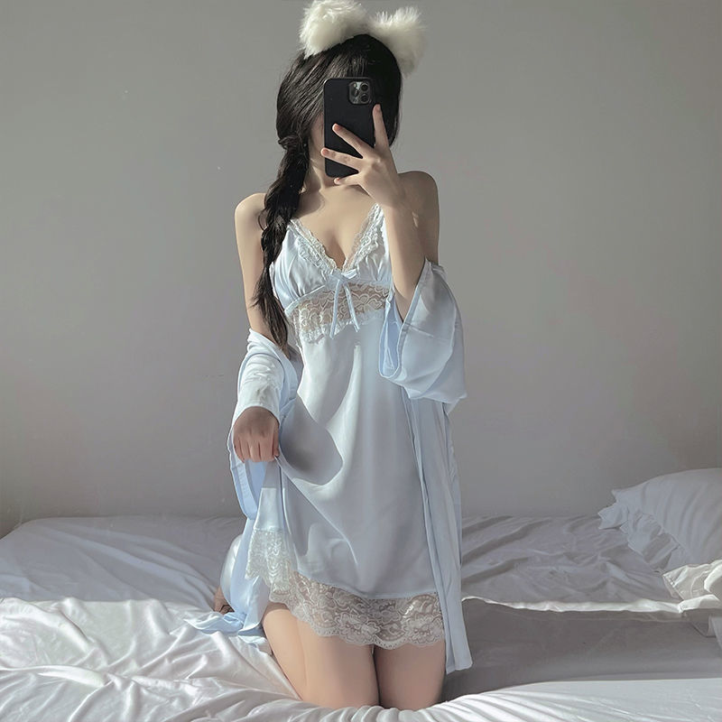 Sexy pajamas women summer 2022 new dress with chest pad lace ice silk condole belt nightgown set spring and autumn