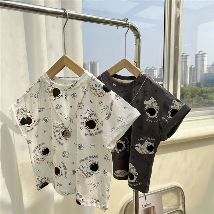 100% cotton children's boys and girls 2023 summer new cartoon tie-dye heavy industry breathable short-sleeved T-shirt tops