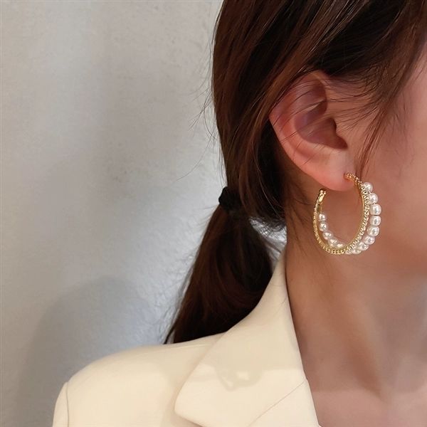 Charmante Perlen Und Glitzernde Diamant Doppel Hoop Ohrringe_voghion.com
